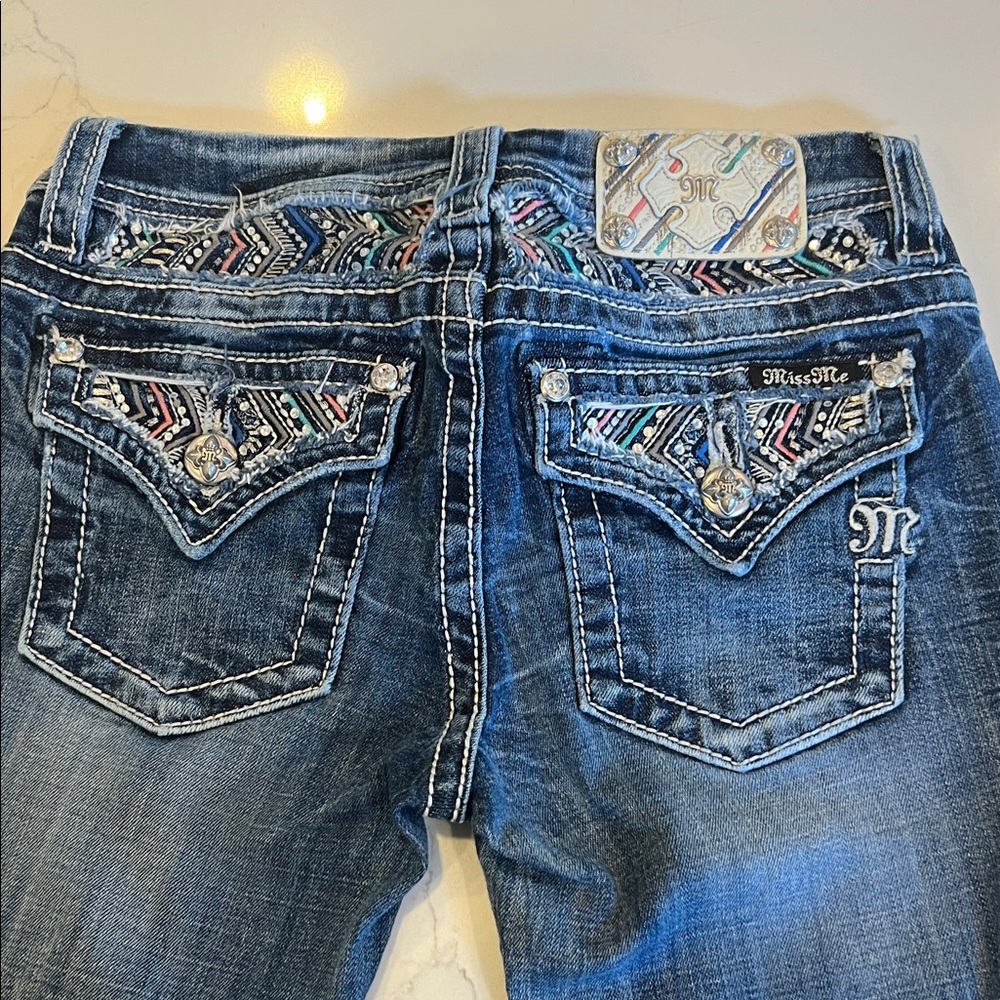 Miss Me Dark Blue Boot Cut Jeans with Embellished Pockets